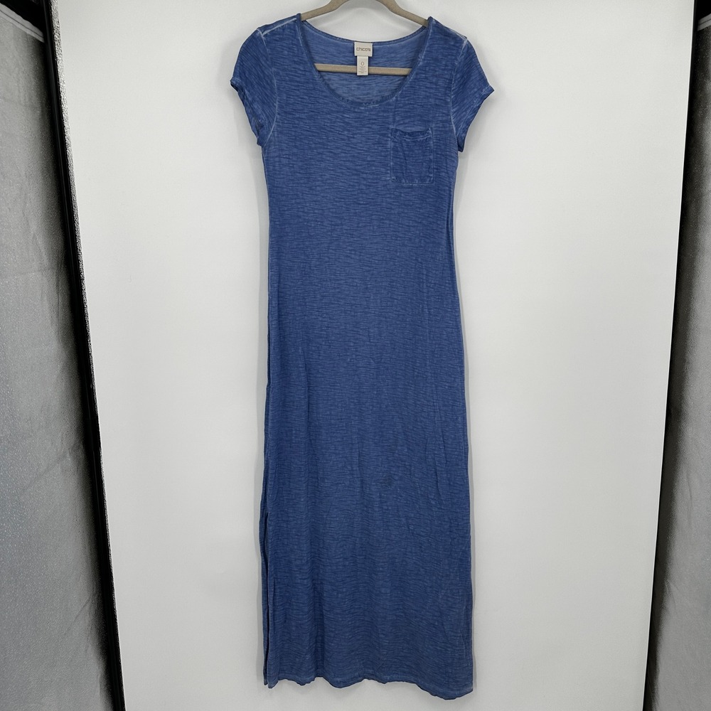 Chicos Blue Slub Knit Maxi Dress Short Sleeve Pocket Side Slits Size 0 Small